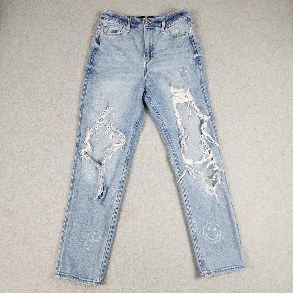 Hollister Mom Jeans Womens 3R Blue Denim Smiley Face Ultra High-Rise Distressed‎